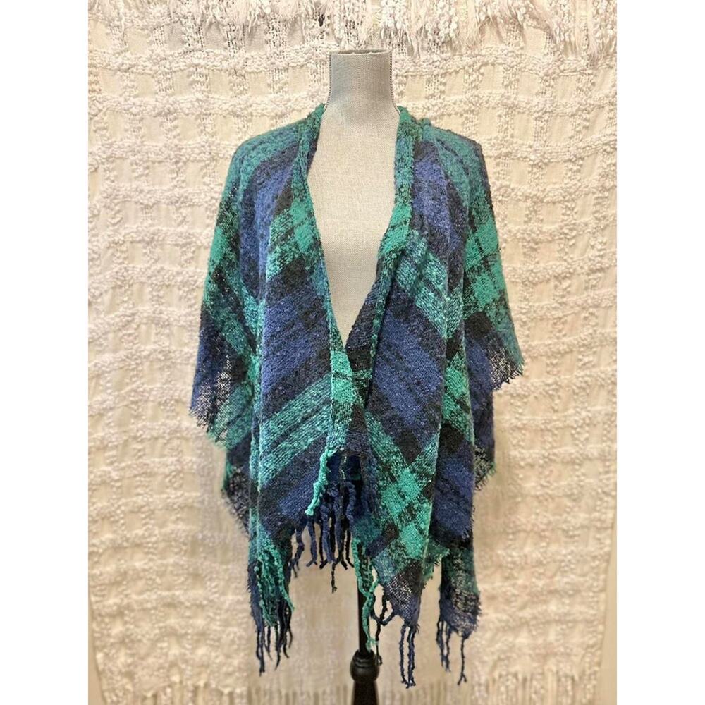 Handmade Boho Knit Plaid Tartan Shawl Wrap Fringe Green Blue Poncho Cape Blanket